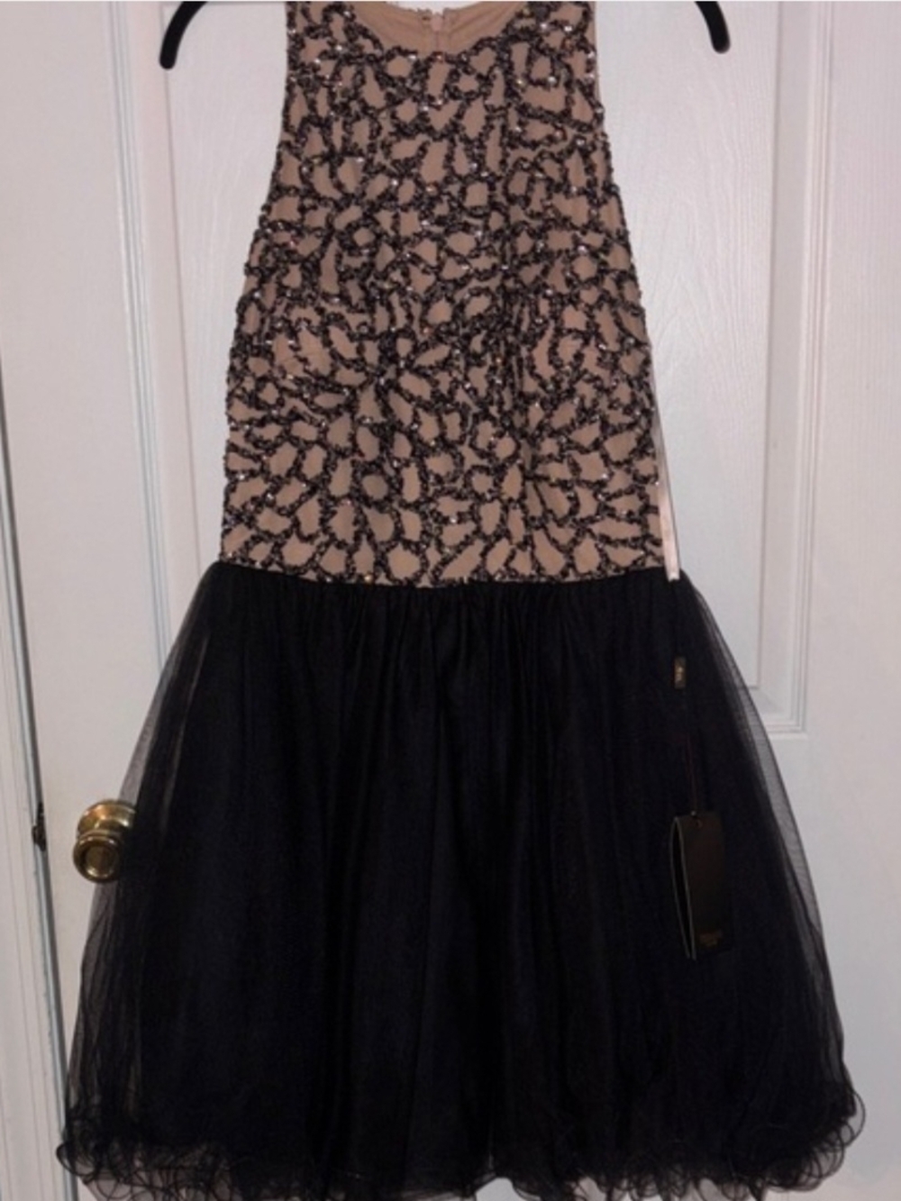 An Elegant Terani Couture Black Tulle Party Dress with Beaded Nude Bodice